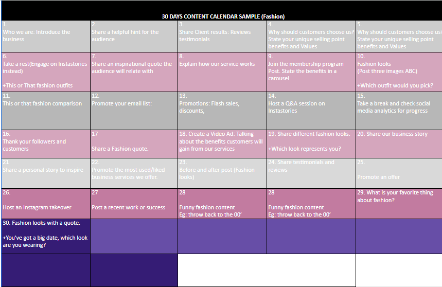 30 DAYS CONTENT CALENDAR SAMPLE (Fashion) - Image 2